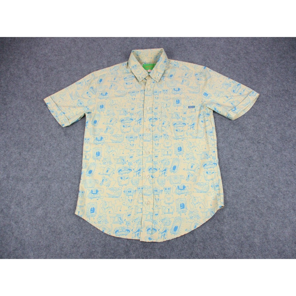RSVLTS Shirt Mens Small Yellow Sponge Bob Graphic Button Up Nickelodeon Stretch